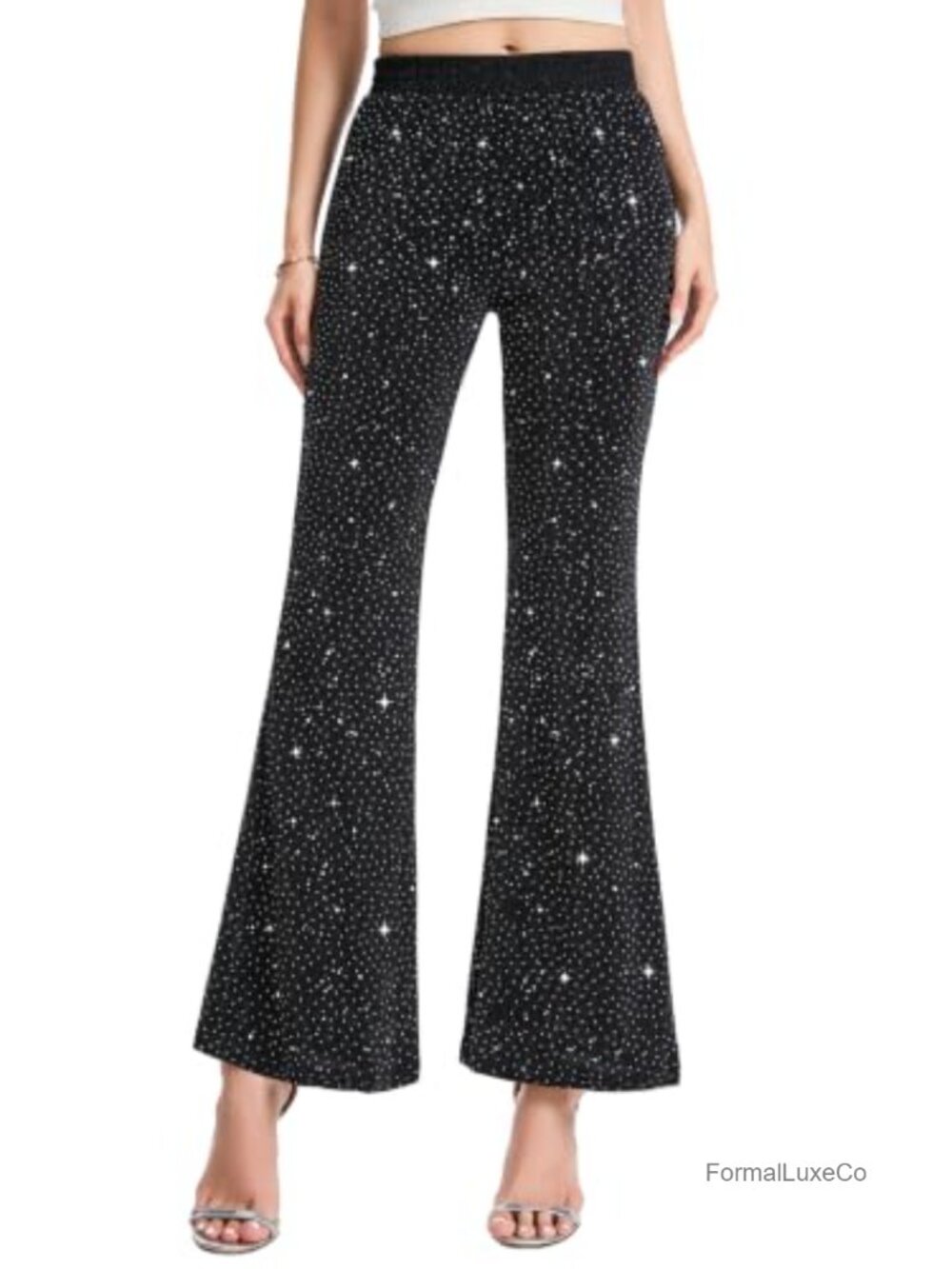Sparkly Rhinestone Flared Pants High Waisted Bell Bottoms Party Trousers